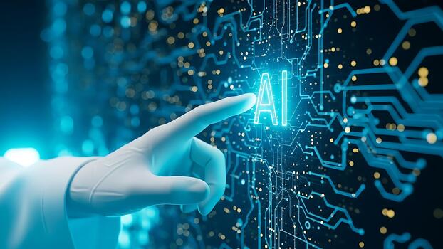 A white robotic hand touching a glowing AI symbol on a circuit board.
